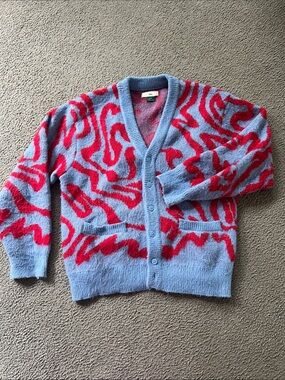Men's Light Blue Cardigan with Red Abstract Pattern
